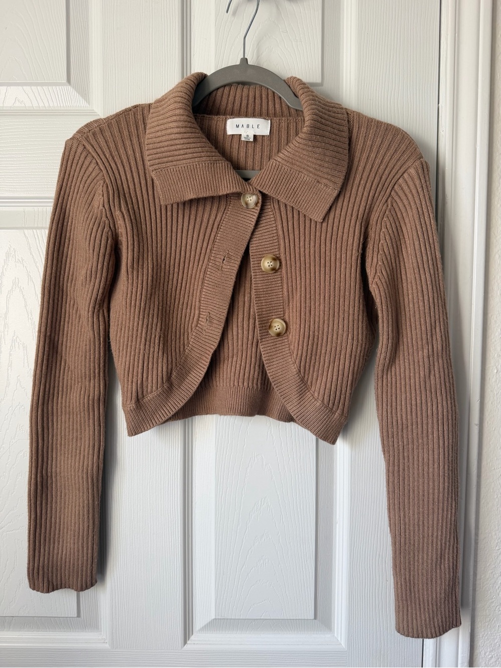 MABLE Tan Ribbed Cropped Collared Button Front Cardigan Sweater S